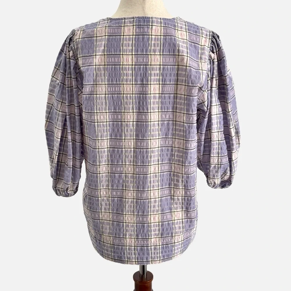 Ganni Check Seersucker Check V Neck Blouse in Persian Violet Check - Size Small - Picture 5 of 10